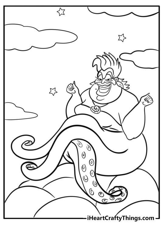Ariel-themed coloring image for children featuring sea witch Ursula sitting on some stones surrounded by clouds