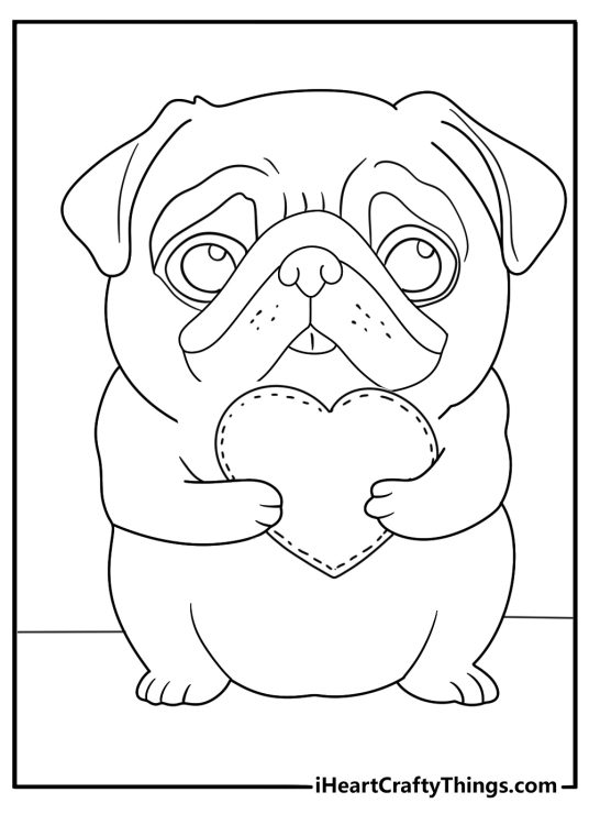 valentine pug coloring page pug holding heart shaped pillow cute kawaii pf download