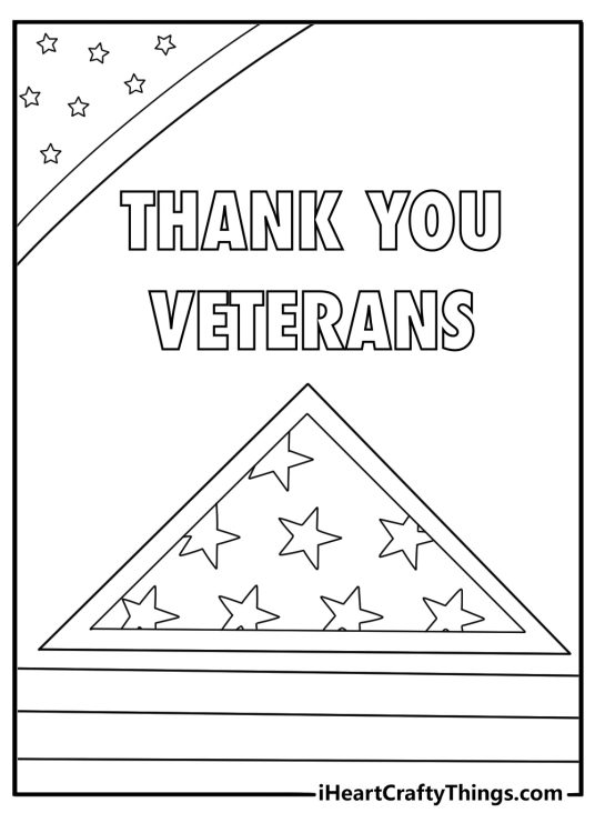 veterans day coloring page of a folded american flag in a triangle display case with thank you veterans text simple printable pdf