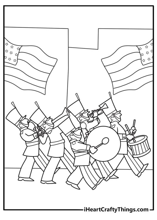 veterans day parade coloring page with marching band drums and flags along the street for kids simple printable