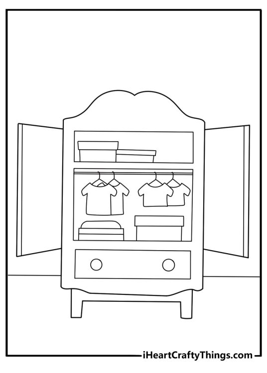 wardrobe closet with hanging jackets skirts and shirts fashion coloring page simple
