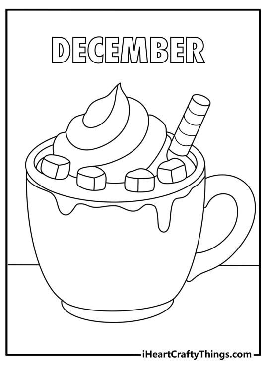 warm mug of hot chocolate rests on a kitchen table in this winter printable