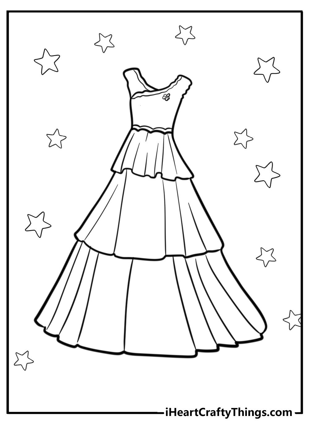 Wedding dress coloring page with short sleeves and tiered tulle tail