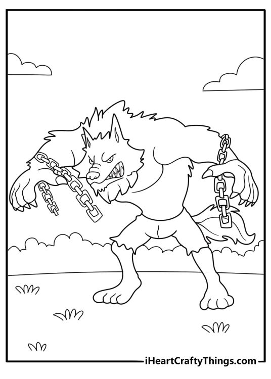 werewolf breaking free from chains detailed coloring page