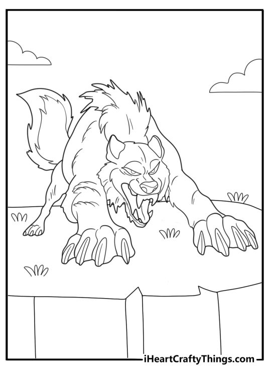 werewolf crouching on a cliff with glowing eyes coloring page