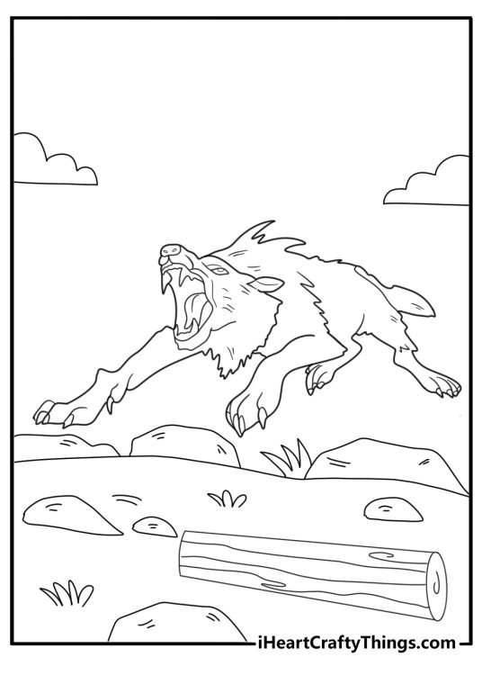werewolf leaping over rocks in the mountains coloring page
