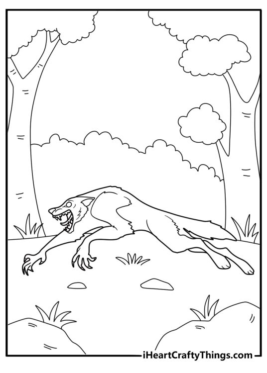 werewolf running through a dark forest coloring page
