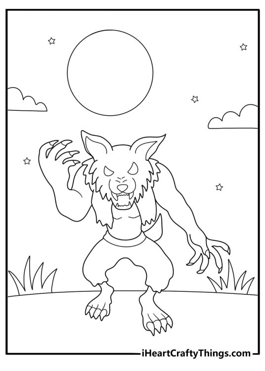 werewolf shadow against the night sky simple coloring sheet