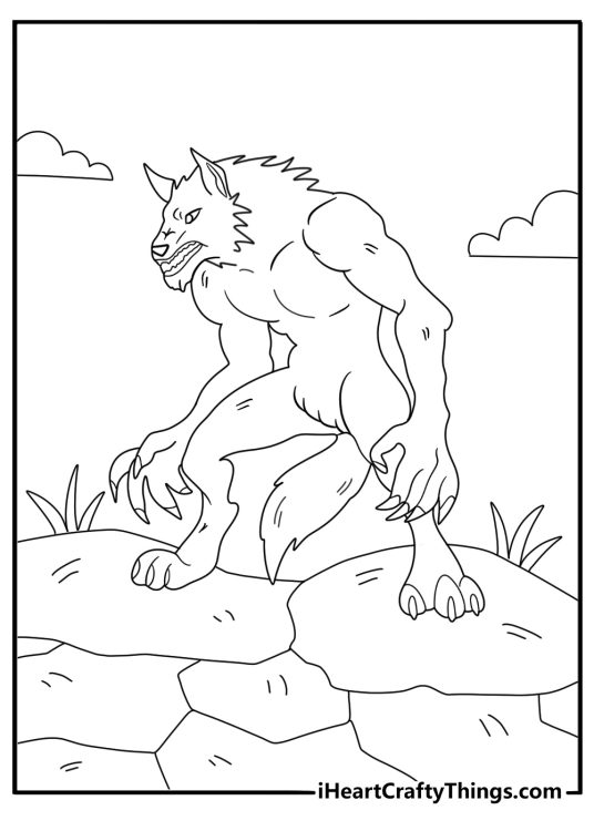 werewolf sniffing the ground hunting scene coloring page