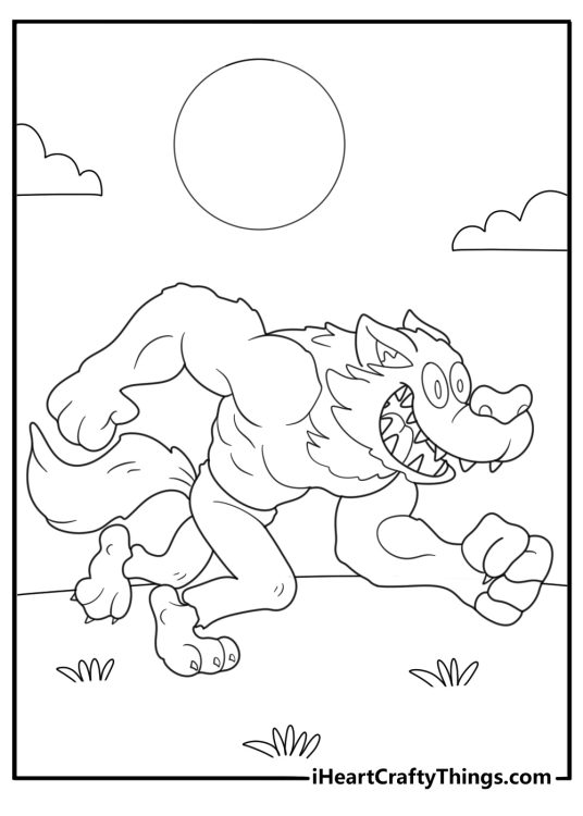 werewolf transformation sequence cartoon style coloring page
