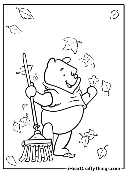 Fall-themed coloring image featuring Winnie the Pooh standing surrounded by falling leaves