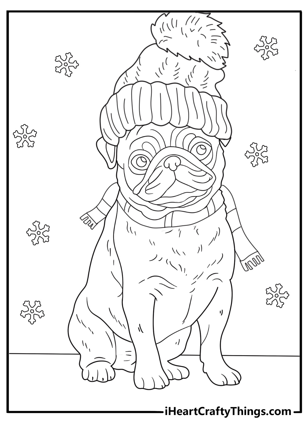 winter pug printable coloring page pug in scarf and beanie with snowflakes in background pdf