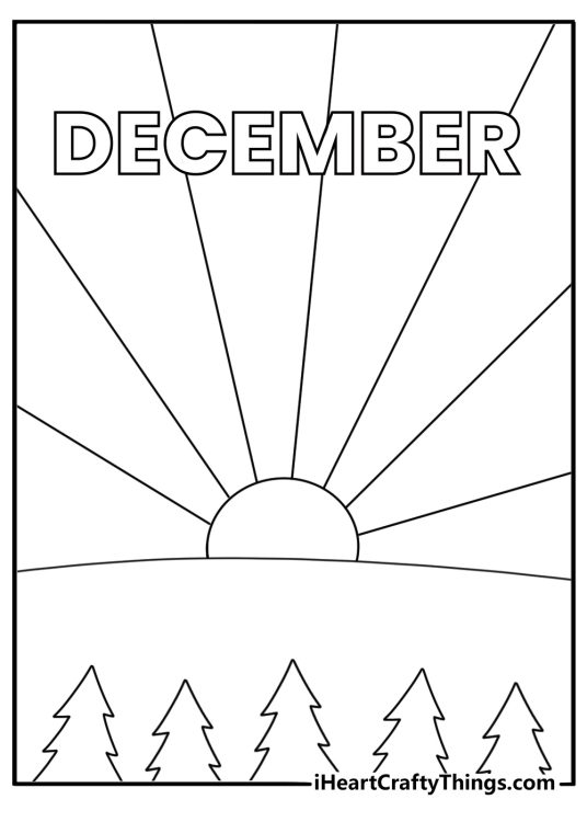 winter solstice appears on a december coloring sheet with the sun low on the horizon