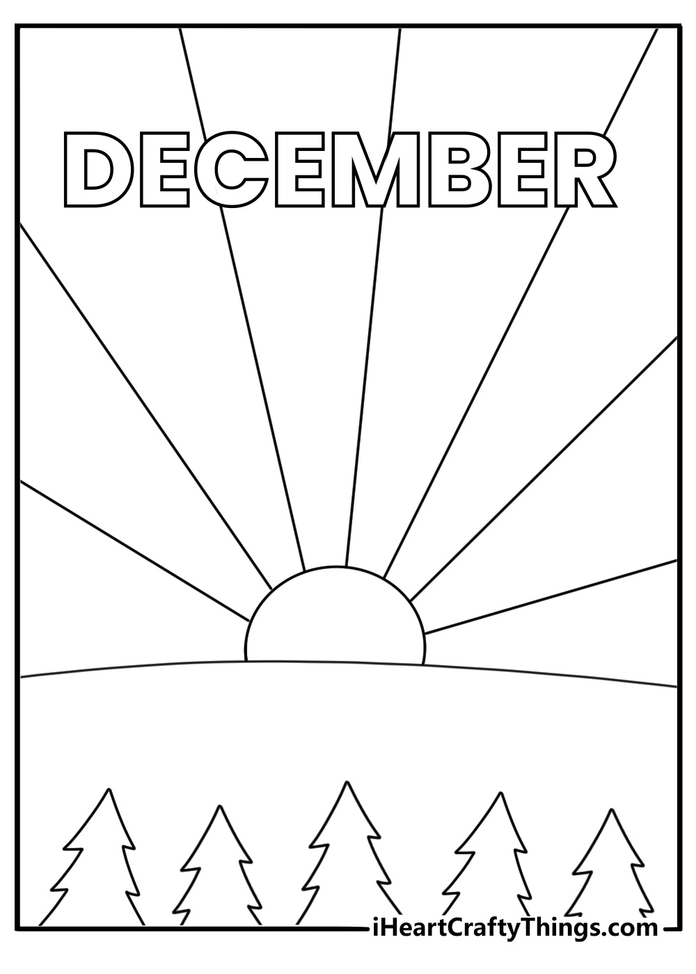 winter solstice appears on a december coloring sheet with the sun low on the horizon