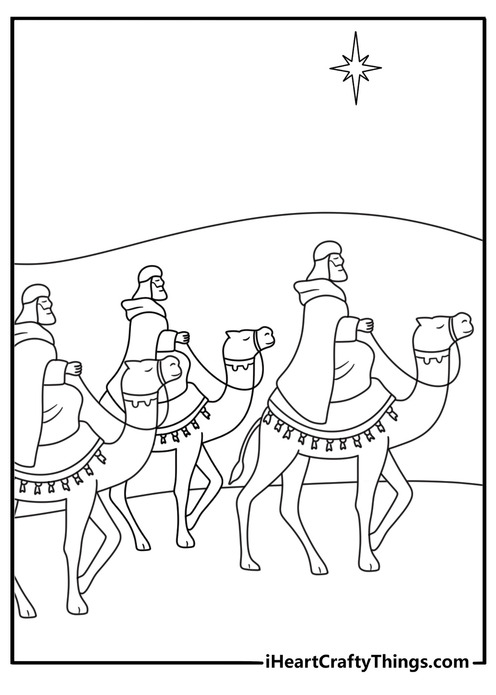 wise man rides a camel toward bethlehem in this christmas coloring page