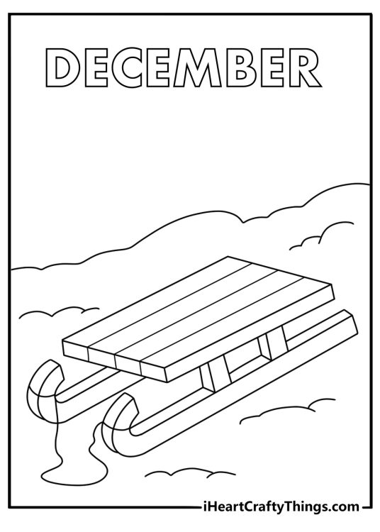 wooden sled stands at the bottom of a snowy hill in this december printable
