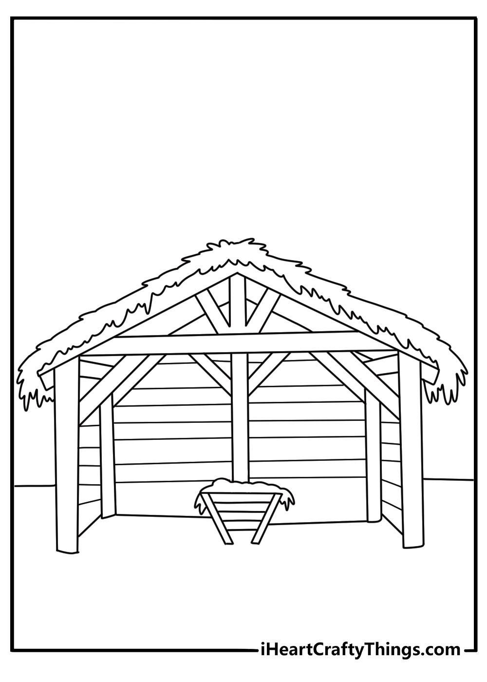 wooden stable with a straw roof makes a simple coloring page for kids