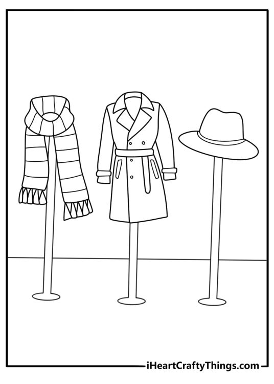 wool coat with scarf and beret on stand fashion coloring sheet pdf