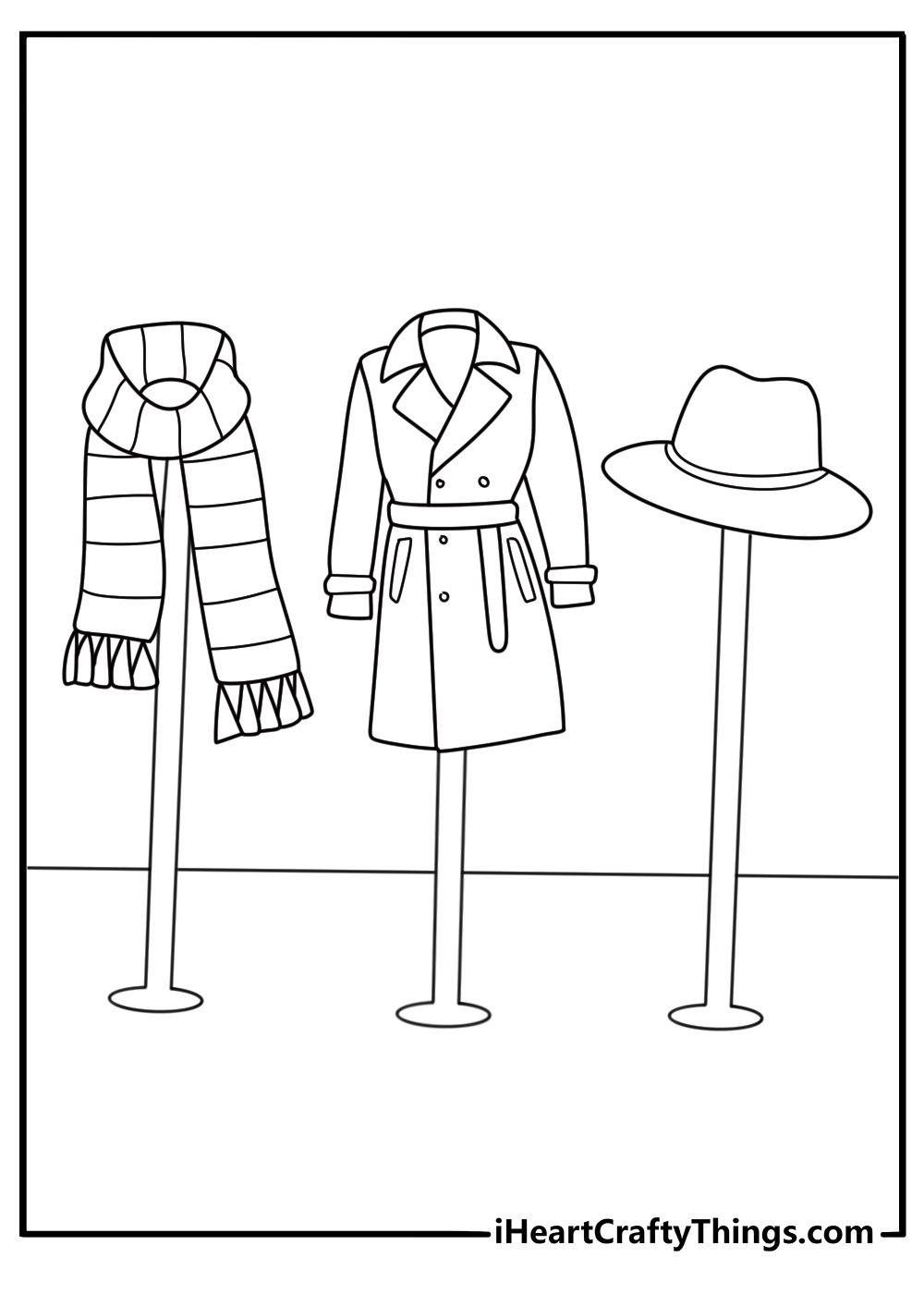 wool coat with scarf and beret on stand fashion coloring sheet pdf