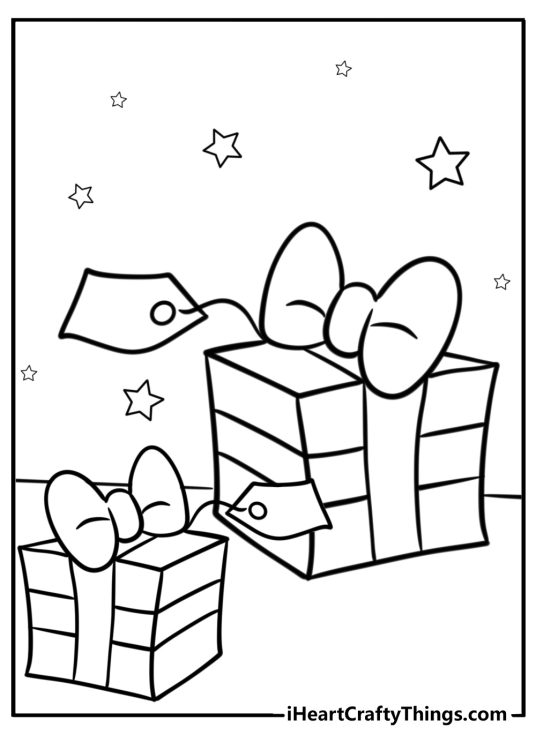 Coloring picture for kids featuring two wrapped Christmas presents with tags and stars in the background