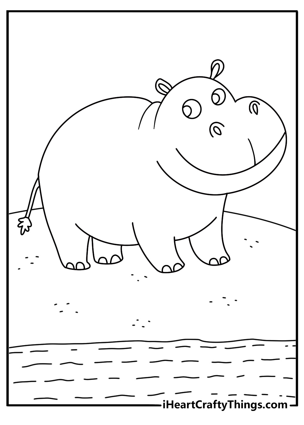 young hippo explores a sandy river island in this easy coloring sheet