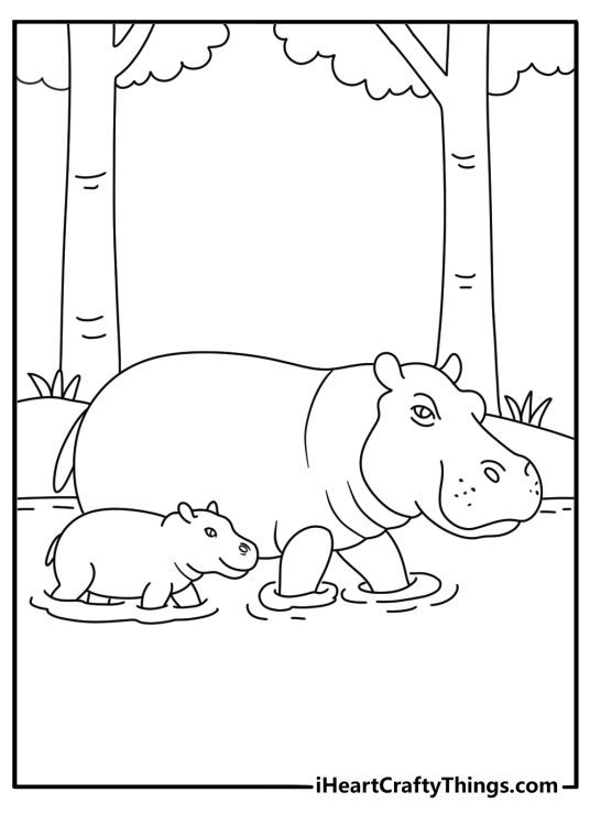 young hippopotamus follows its mother through the water in this wildlife coloring sheet