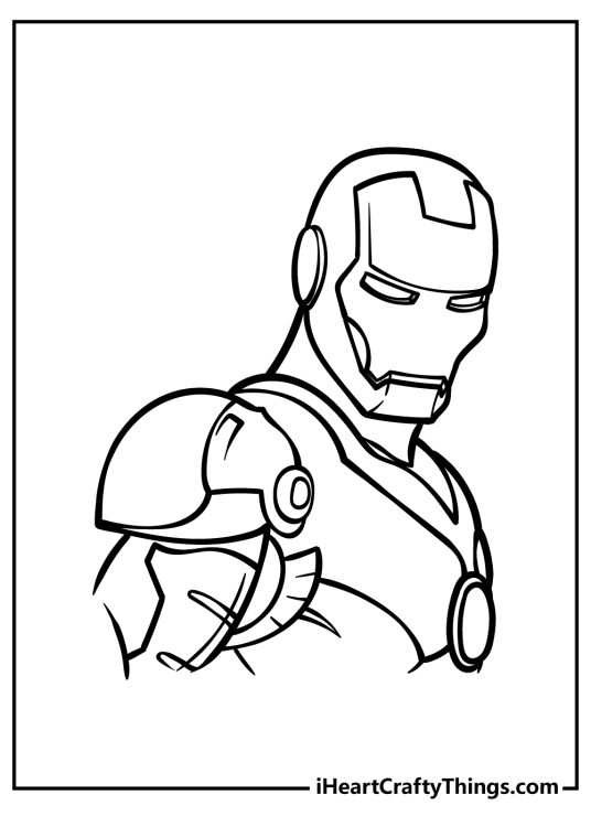 Free printable coloring sheet featuring close-up portrayal of iconic superhero Iron Man
