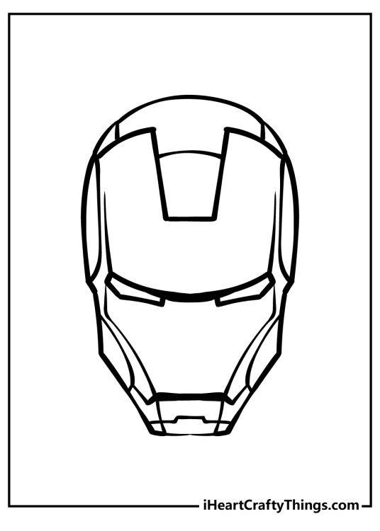 Free printable coloring sheet featuring close-up of Iron Man’s helmet with clear background