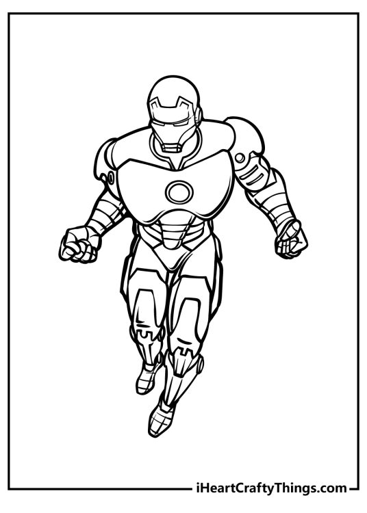 Free picture to print and color presenting Iron Man in an action pose with clear background behind him
