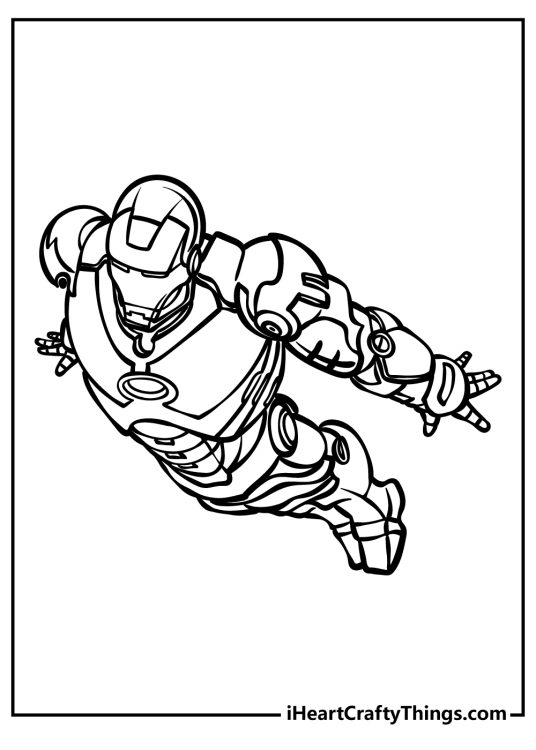 Detailed drawing depicting Iron Man soaring through the air with empty background