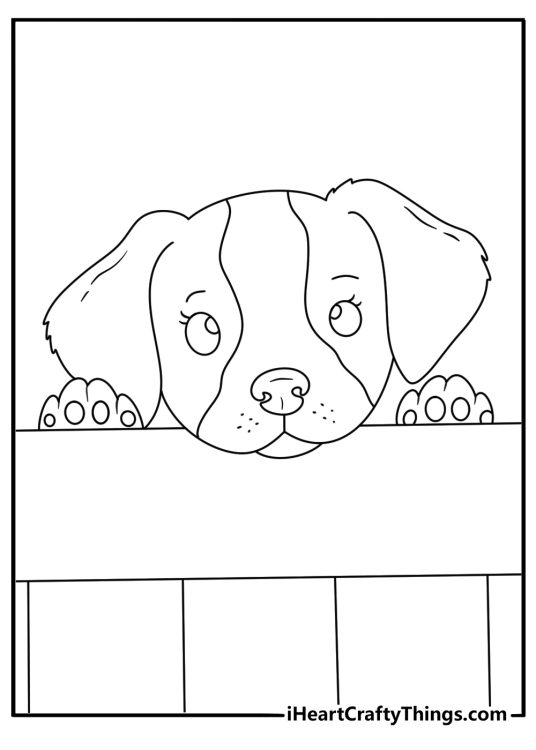 A curious pup peeks through a garden fence in this simple coloring sheet