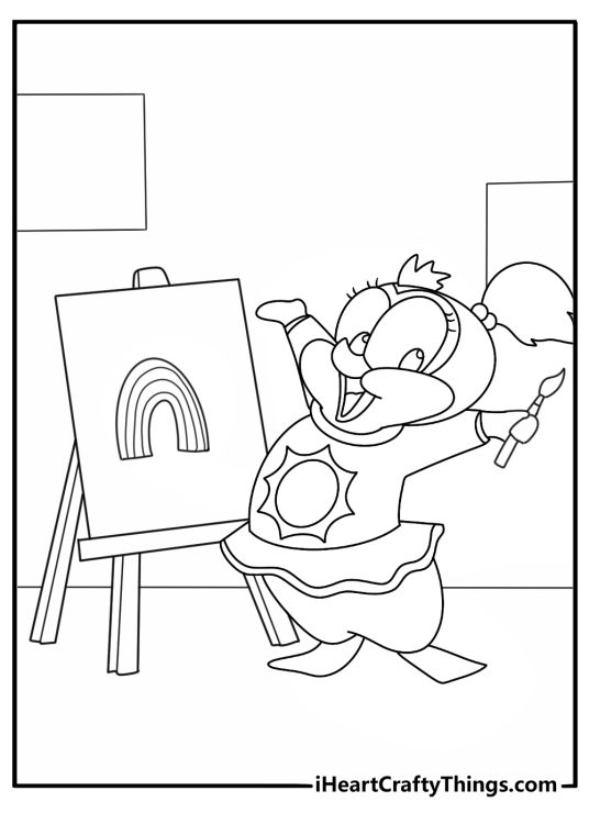 A cute Muppet Babies coloring page features Summer painting a rainbow poster