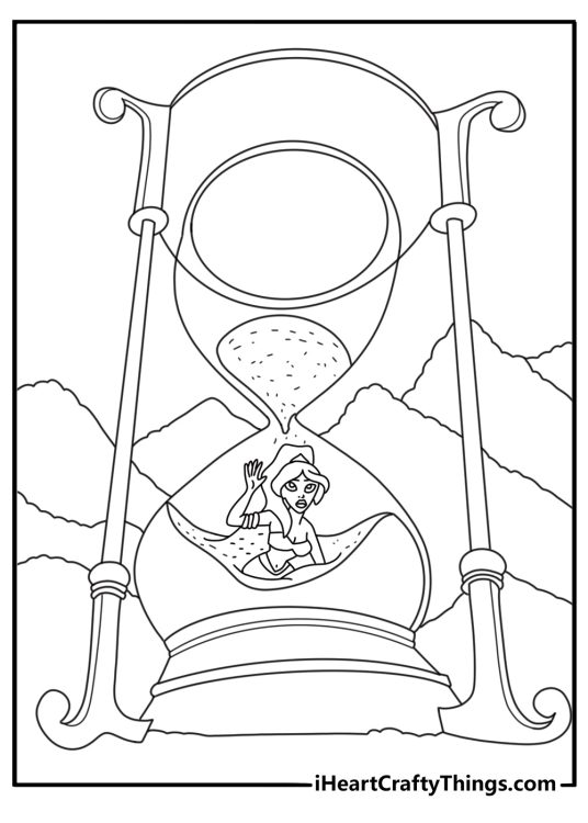 A detailed Jasmine printable features her red outfit beside a giant hourglass
