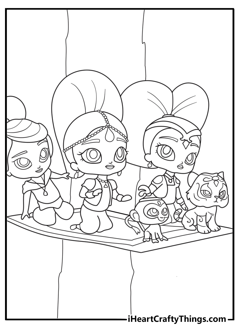 A flying cloud carries the friends across Zahramay Falls in this coloring sheet