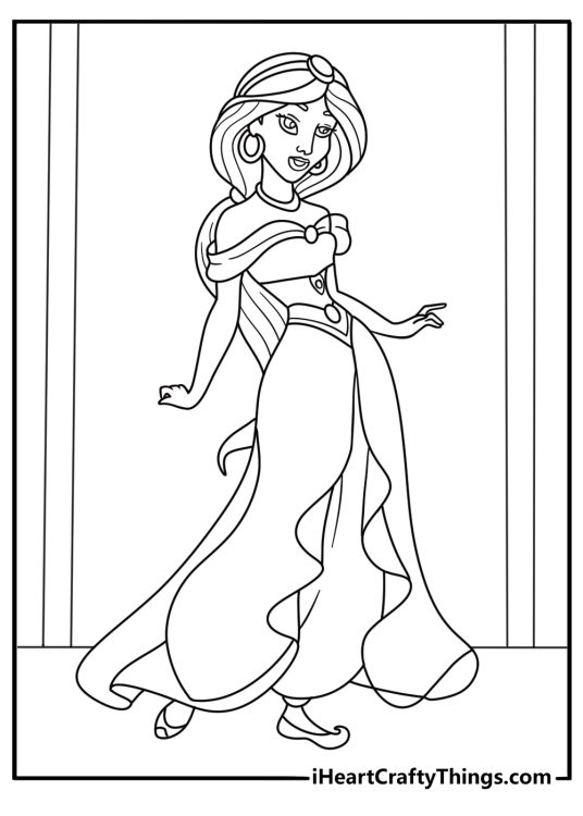 A palace doorway with Jasmine in her blue outfit fills this printable coloring sheet