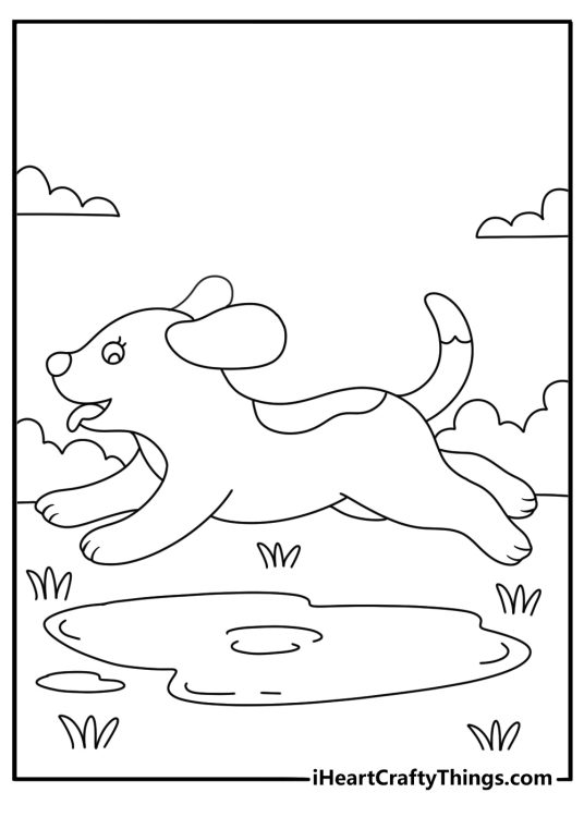 A playful pup runs through a shallow puddle in this coloring sheet