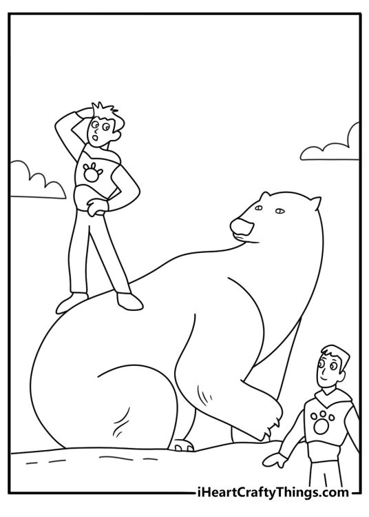 A polar bear walks beside the Kratt brothers in this free printable