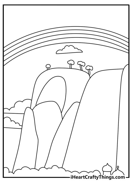 A rainbow appears above Zahramay Falls in this detailed coloring page