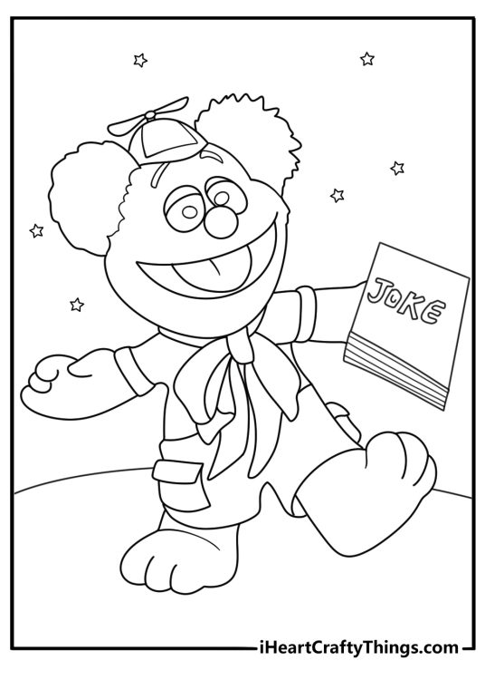 A simple Muppet Babies coloring sheet shows Fozzie with a joke book