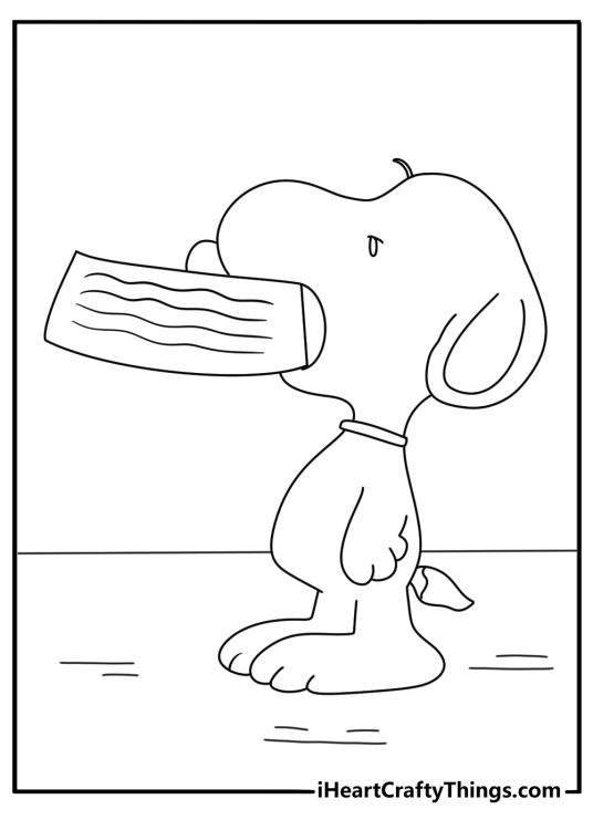 A simple Peanuts coloring sheet shows Snoopy beside his food bowl