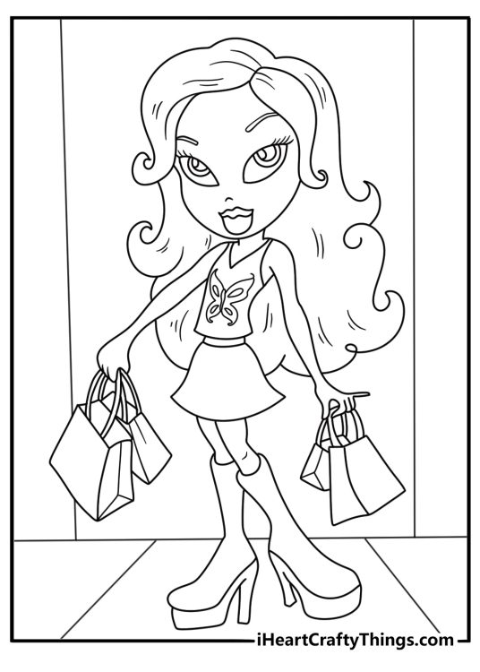 A simple coloring sheet shows Sasha carrying shopping bags through the mall