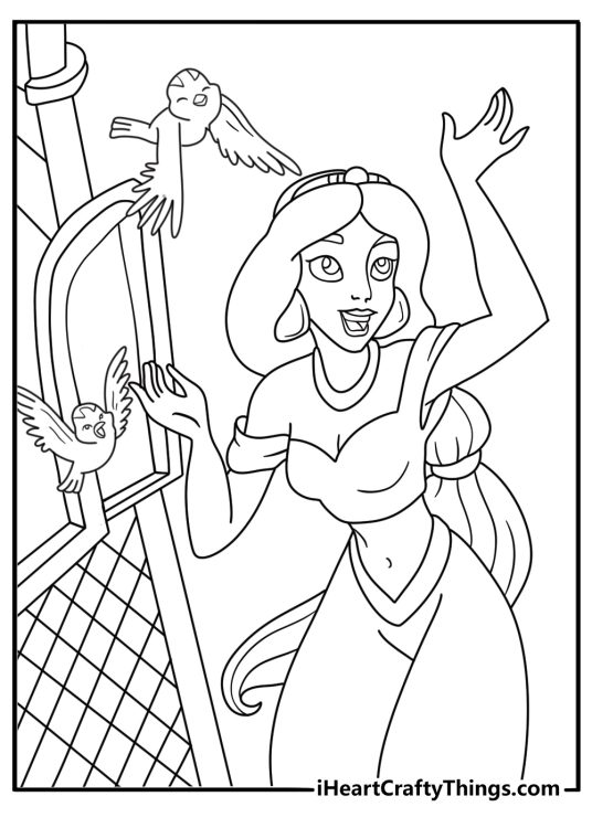 A simple princess coloring sheet shows Jasmine opening a bird cage