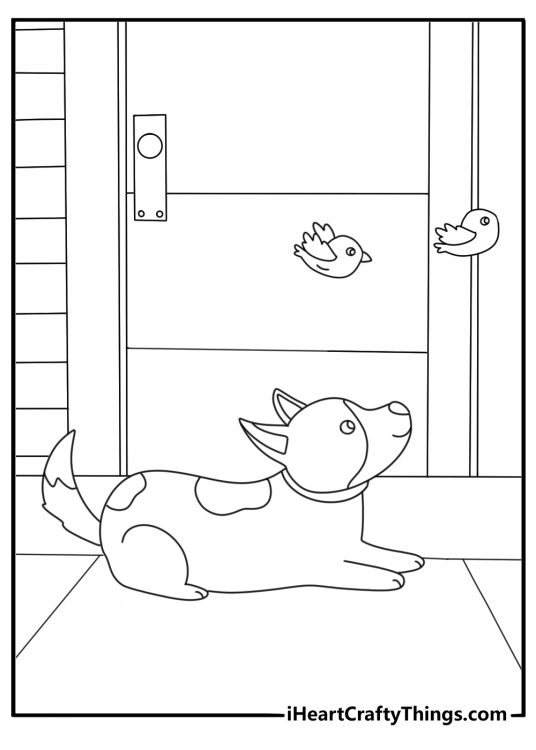 A small pup watches birds from a porch in this simple printable