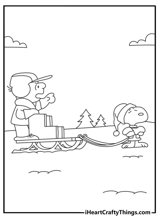A winter Peanuts coloring page features Snoopy pulling a small sled