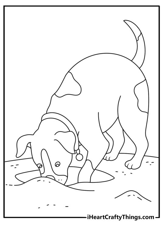 A young dog digs a small hole in the yard in this easy coloring page