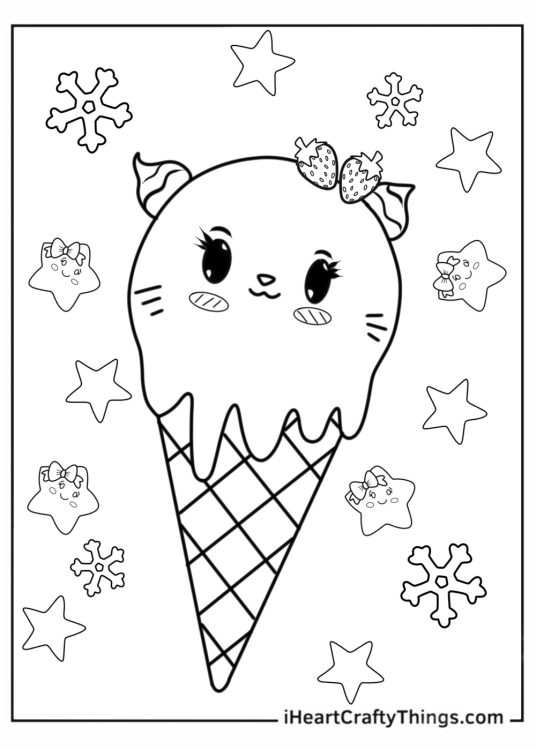 Adorable Kawaii Cat Ice Cream Coloring Page