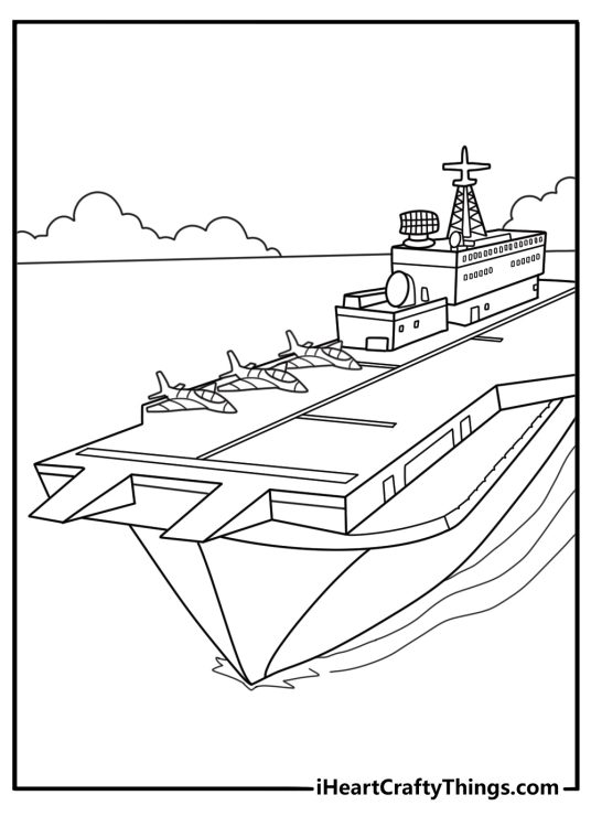 Aircraft carrier coloring page with naval planes lined up on a flight deck