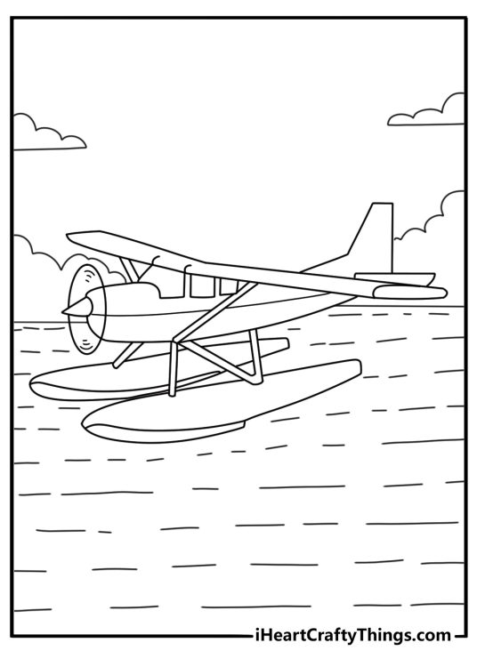 Airplane coloring page printable with a seaplane floating on a calm lake