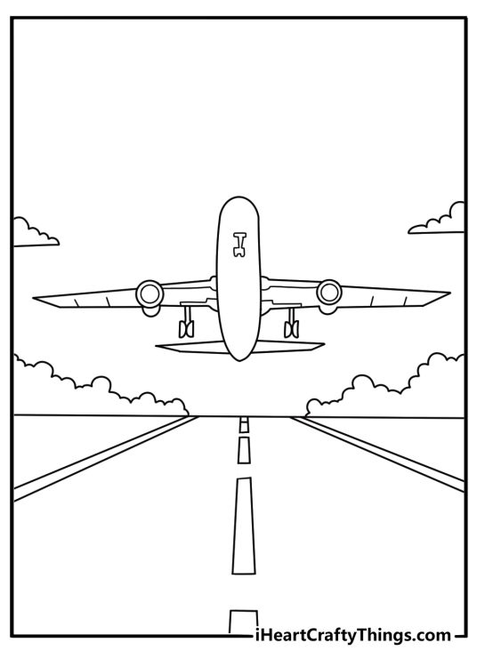Airplane coloring page with a passenger plane taking off from a runway