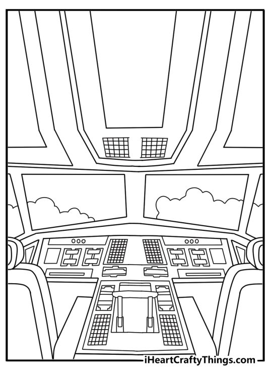 Airplane coloring pages for adults with a detailed cockpit dashboard and pilot seat